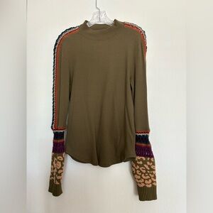 Free People Olive Long Sleeve Top with Multicolor Accents